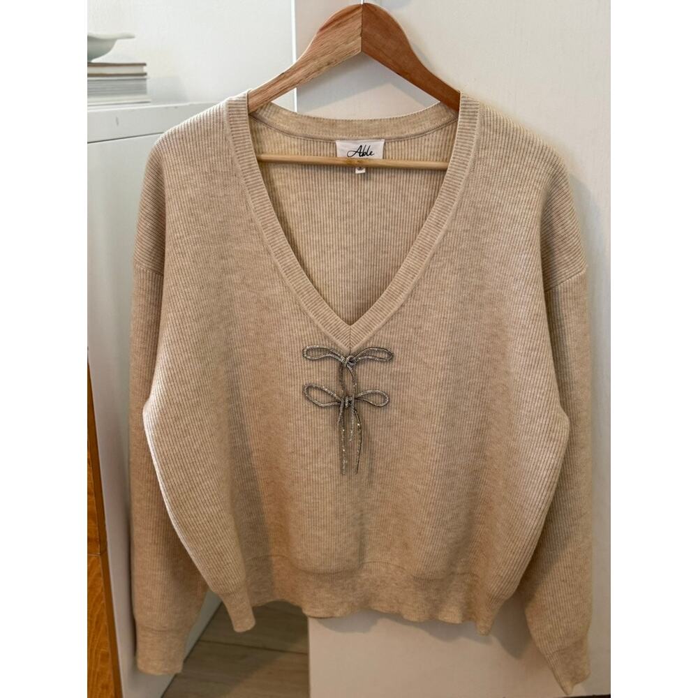 ABLE Cream Ribbed Sweater L Tie‎ Front V Neck Neutral Cozy Pullover ✨